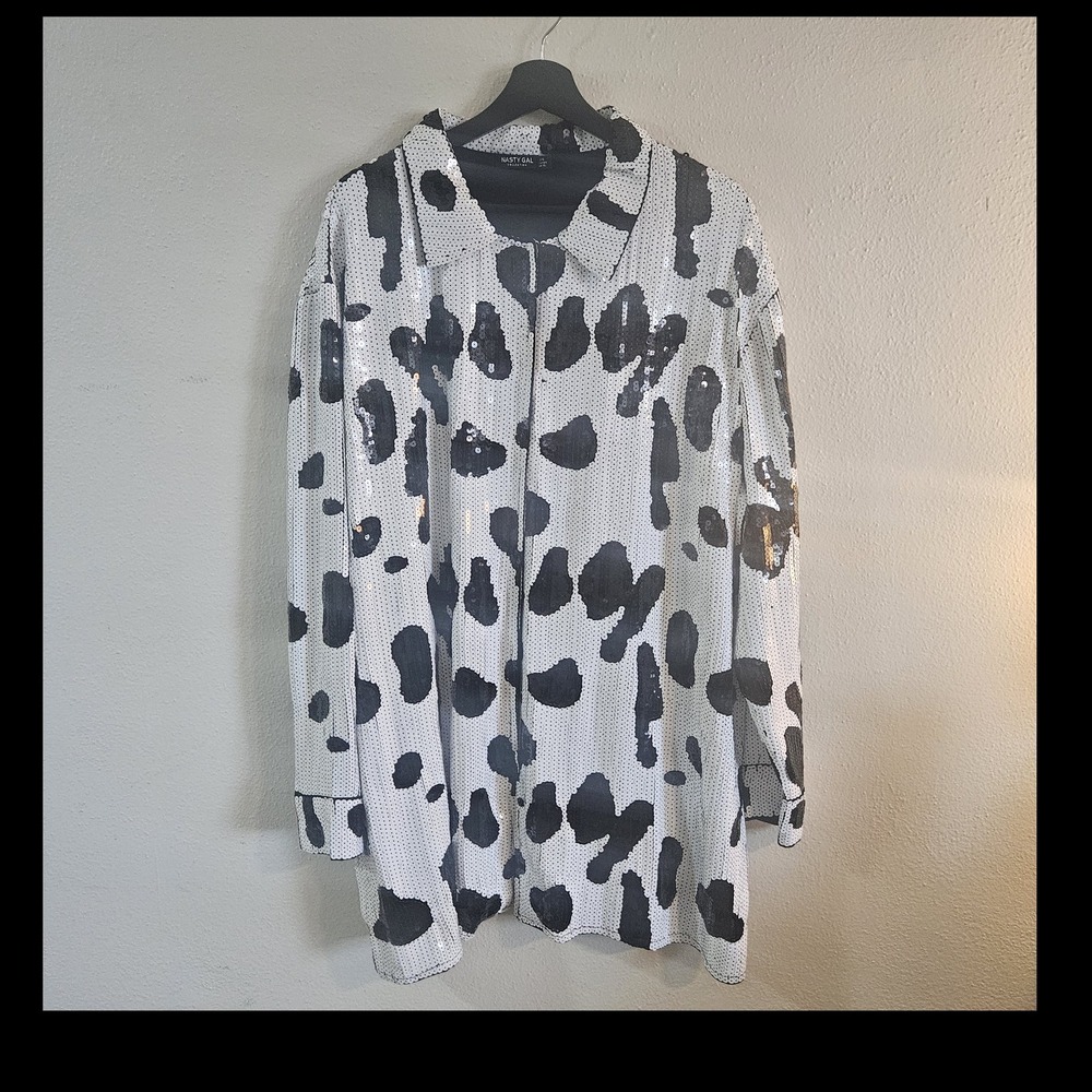 Nasty Gal Sequin Shirt Jacket Dalmatian Cow Print Black White Sparkle US 12‎ L